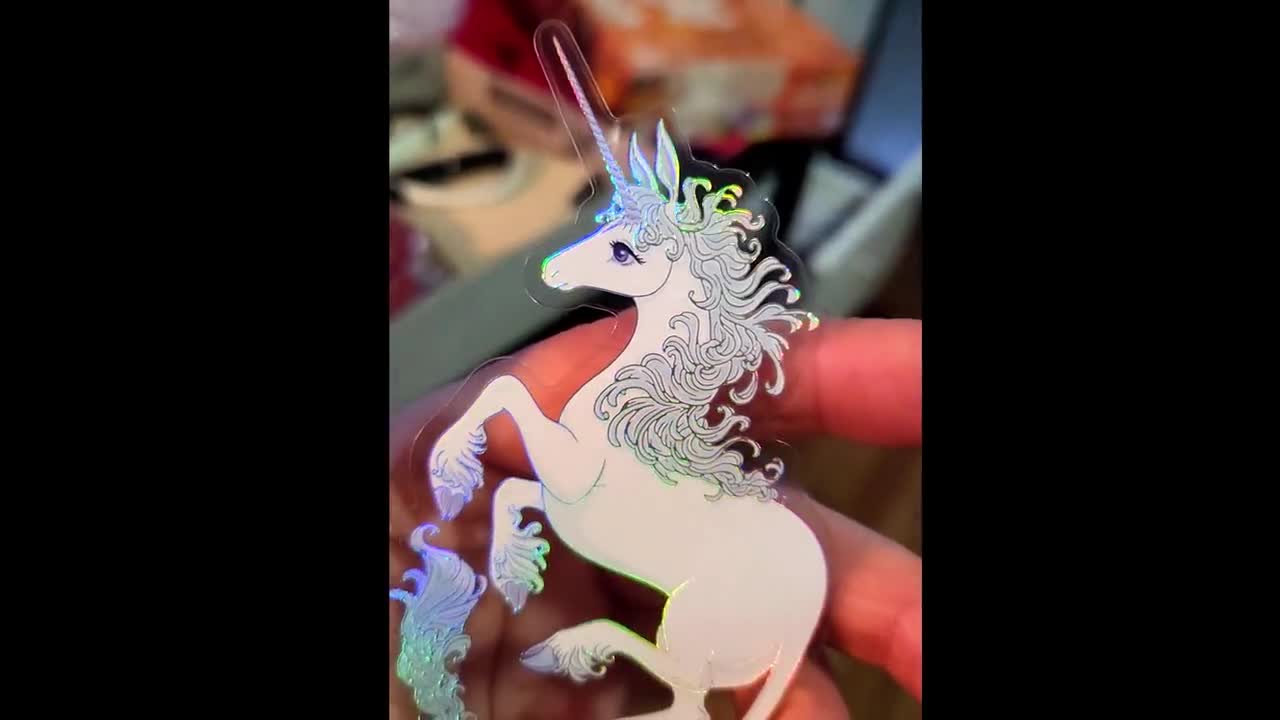 Den sista enhörningen genomskinlig holografisk vinylklistermärke video poster