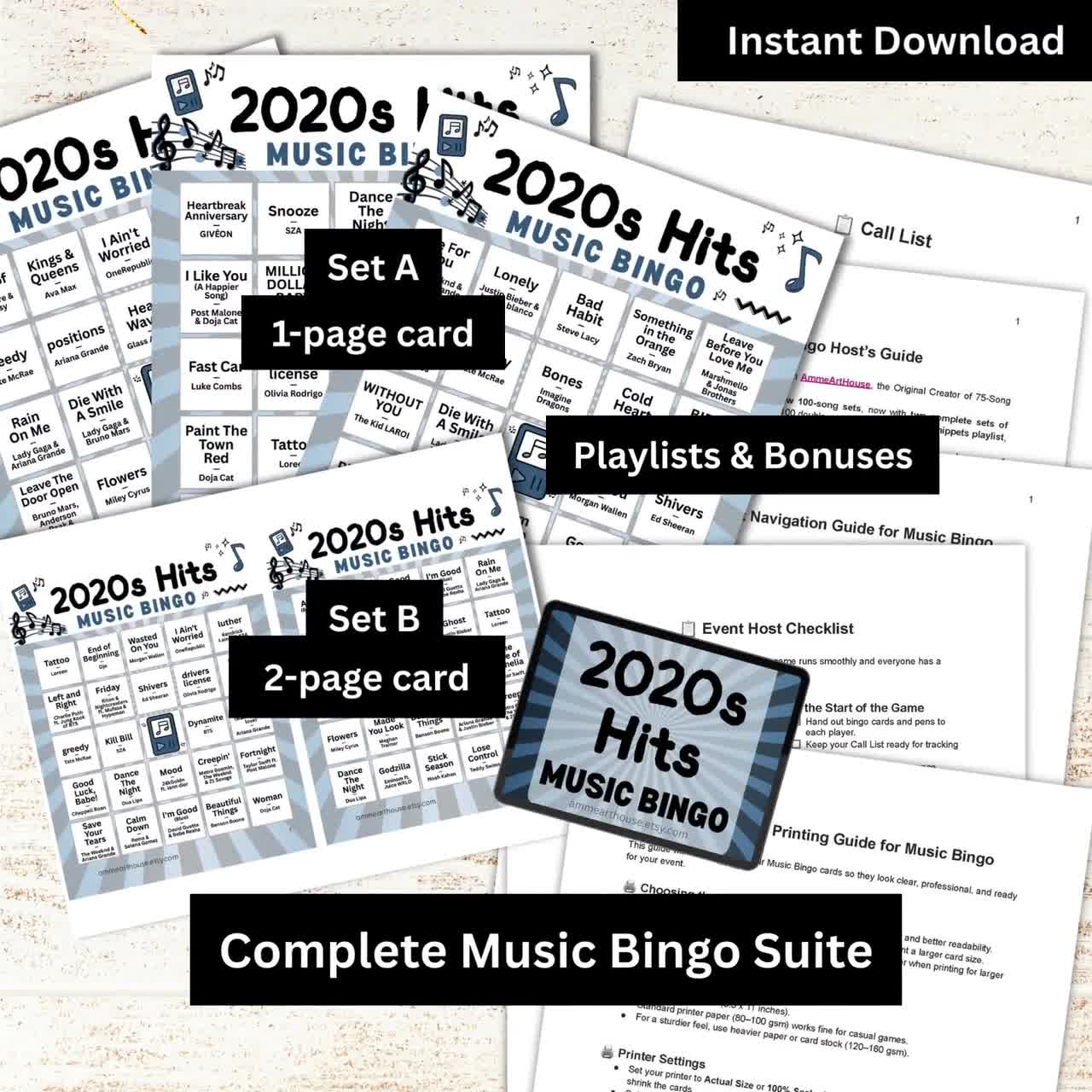 Bingo musicale dei successi degli anni 2020, 400 cartelle, playlist di 100 brani incluse, gioco PDF stampabile, download immediato video poster