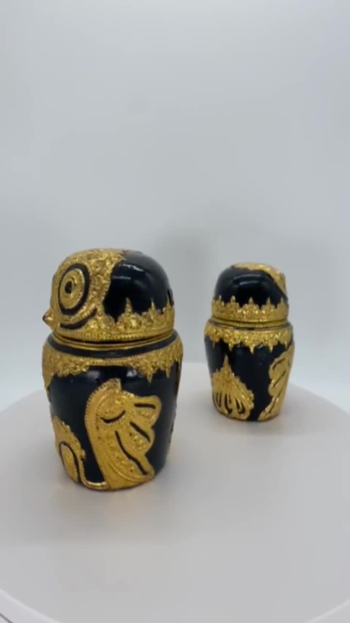 ビルマ手作り漆器ふくろうの小物入れ2個セット