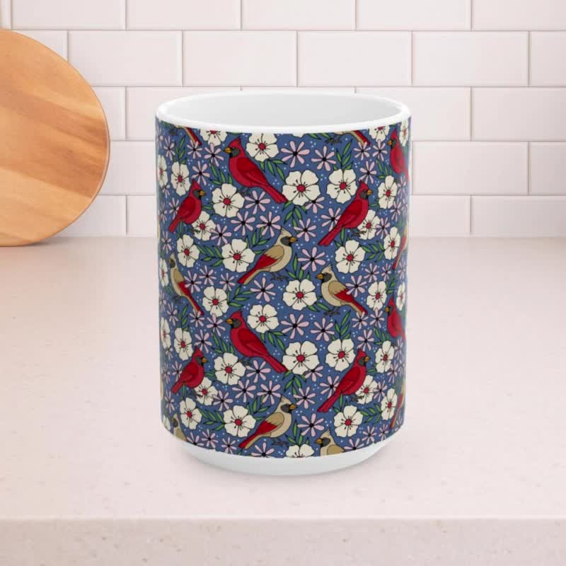 Taza de cerámica con diseño floral de pájaros cardenales de 15 oz, cardenales machos y hembras, flores de pájaros rojos, taza de té grande, cuando aparece un cardenal, un ángel está cerca video poster