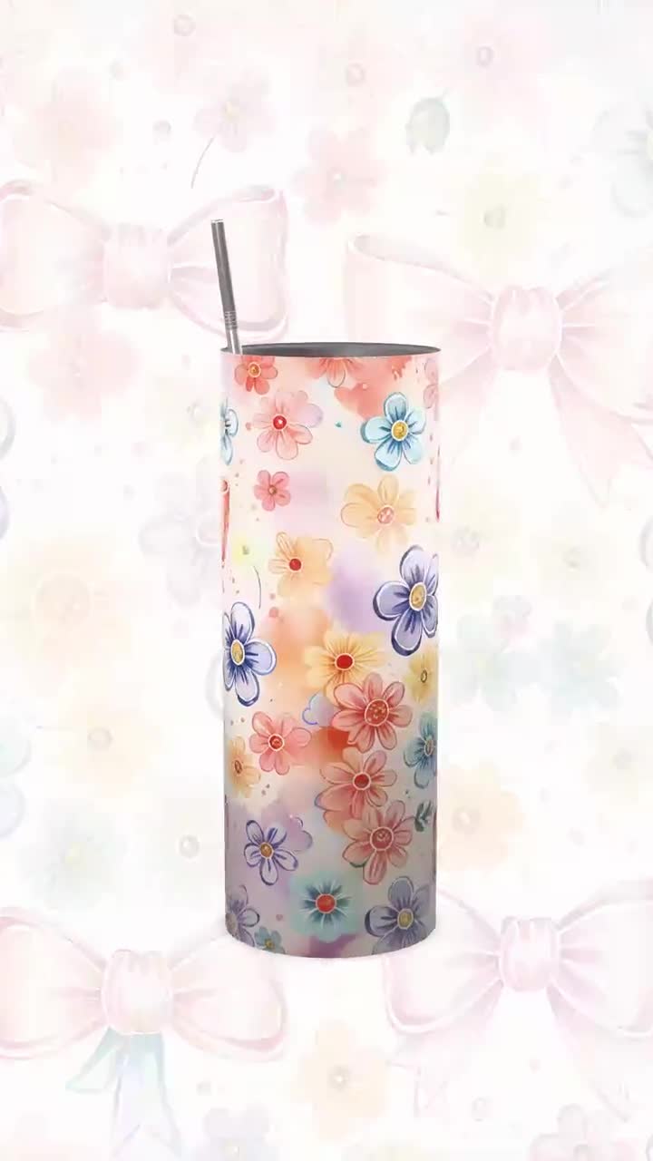 水彩花柄リボンタンブラーラップPNG：コケットパステル昇華デザイン