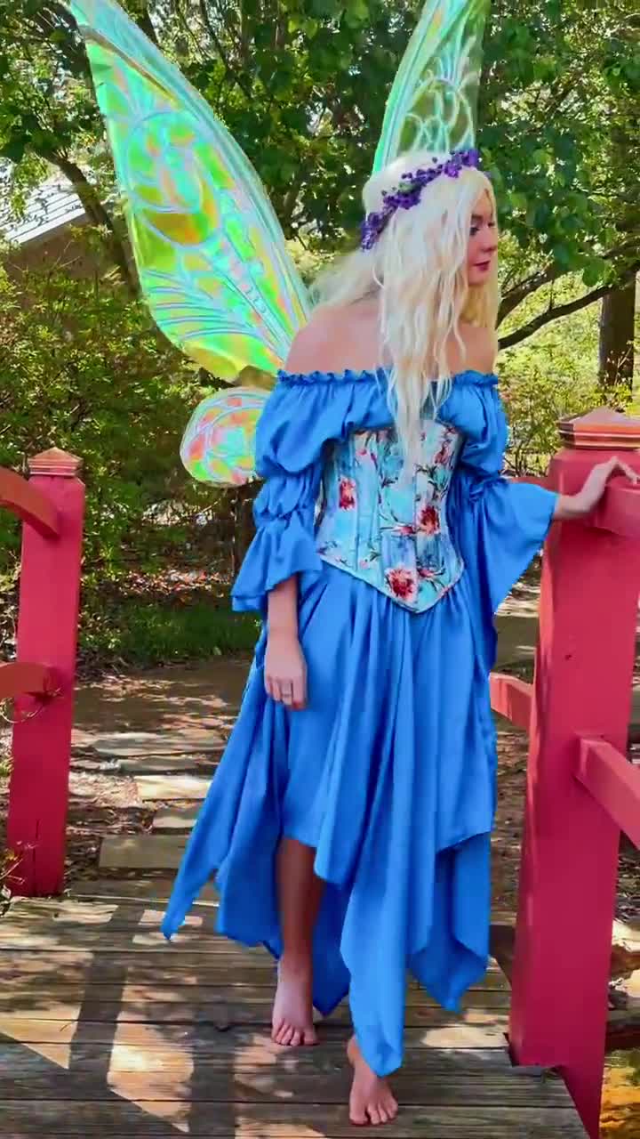 Pixie Fairy Renaissance Fair Costume - Fantasy Corset - Ren Faire Cosplay  Dress - Flowing Sleeves - Ruffle neck off- the- shoulder Chemise