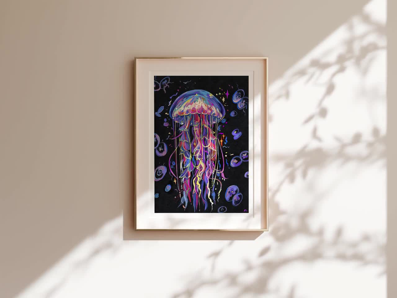 幻想的なクラゲの海景画：グアッシュアートプリント - Etsy 日本