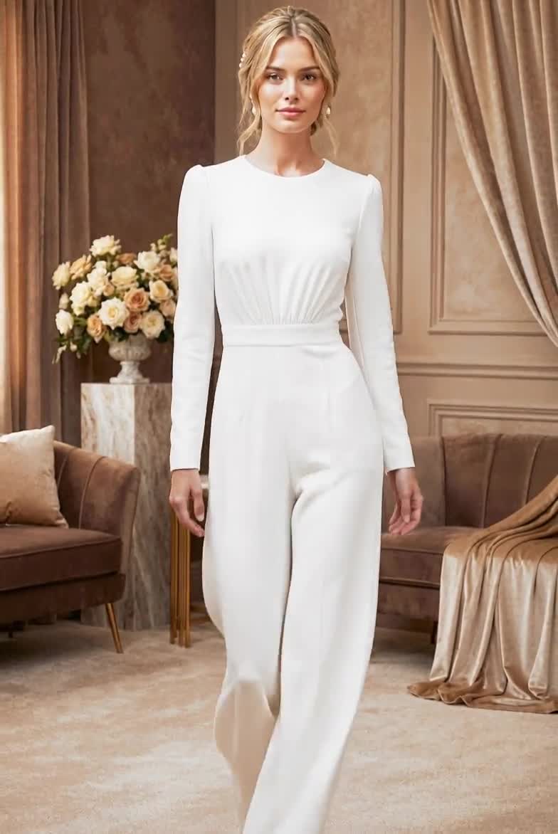 elegant white dresses and jumpsuits White Jumpsuit for Summer Wedding | Strapless Bridal Outfit with Slit Pants | Destination Bride Suit
