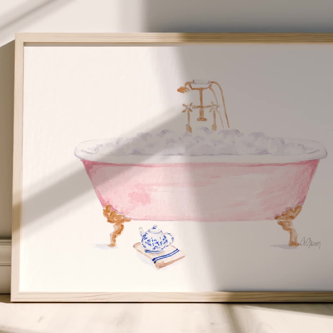 ピンクの猫足バスタブの水彩画プリント｜バスルームの壁アート｜泡風呂
