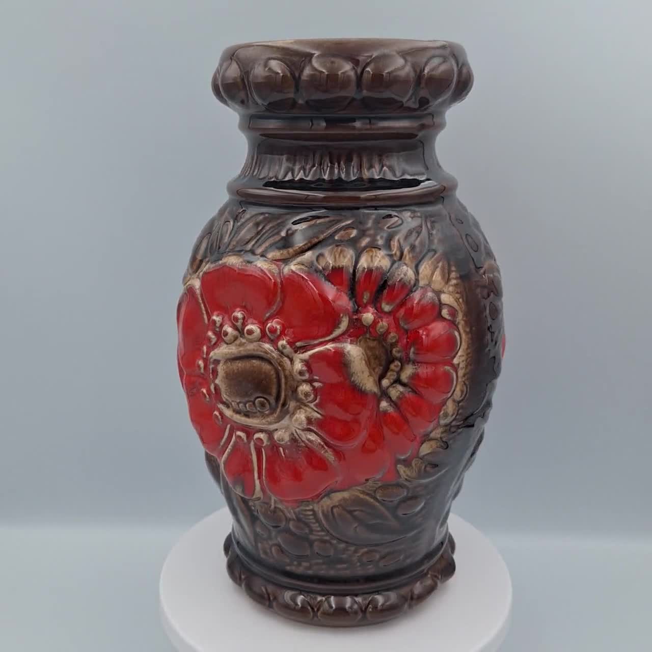 Vintage West German Vase, Red Flower Relief, Fat Lava Ceramic - Etsy