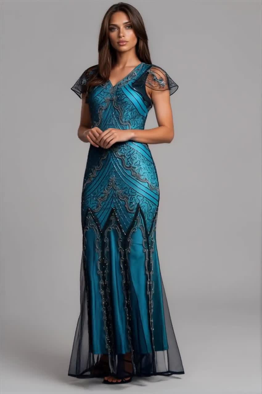 Evelyn Blue Beaded Flapper Dress, 1920s Gatsby Inspired Gown, Formal Evening Wear