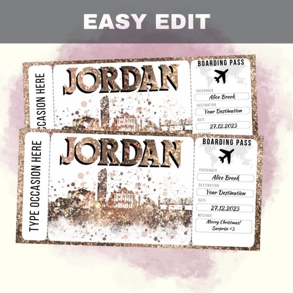 Jordan Boarding Pass Surprise Editable Flight Ticket Gift Jordan Flight Ticket Printable Flight Ticket Template Surprise Travel gift