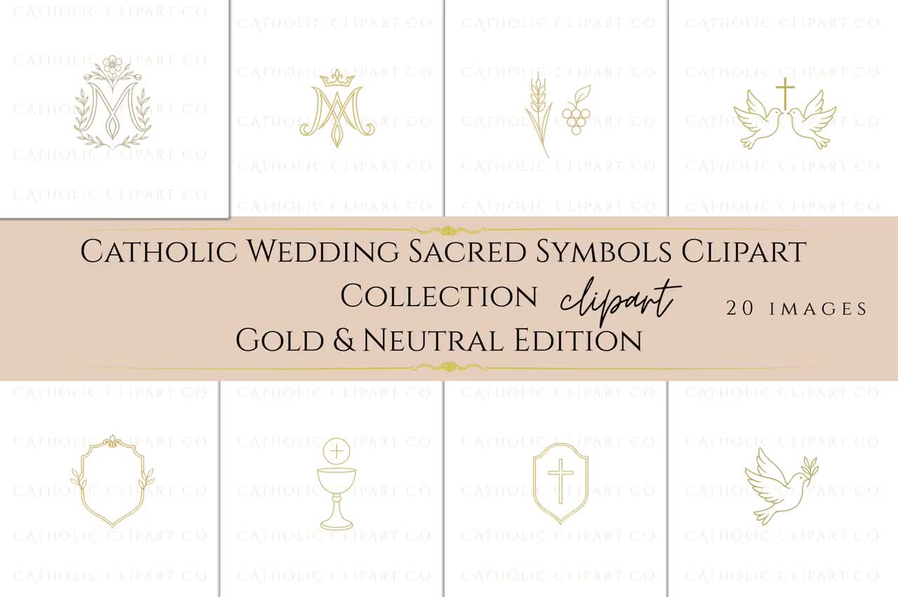 Catholic Wedding Clipart Bundle, Gold Line Art Symbols, Marian Monogram, Sacred Heart, Doves, Crosses, Floral Crests, Holy Family PNG JPG video poster