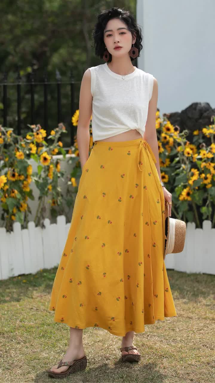 Mustard Yellow Linen Maxi Skirt for Women, Ditsy Floral Wrap Skirt