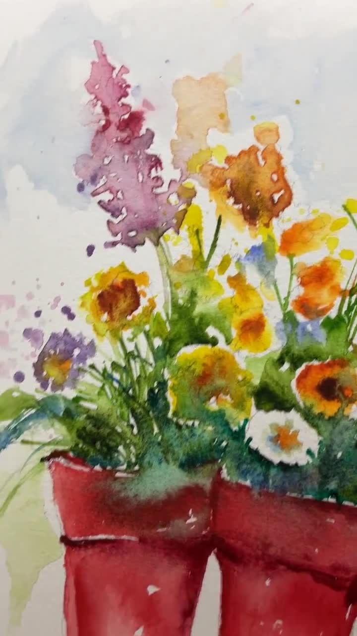 赤いゴム長靴の絵画、赤い庭師のブーツのオリジナルの水彩画、家の装飾