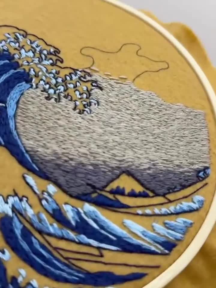 PDFチュートリアル「神奈川沖浪裏」刺繍図案、葛飾北斎の波の糸絵、手