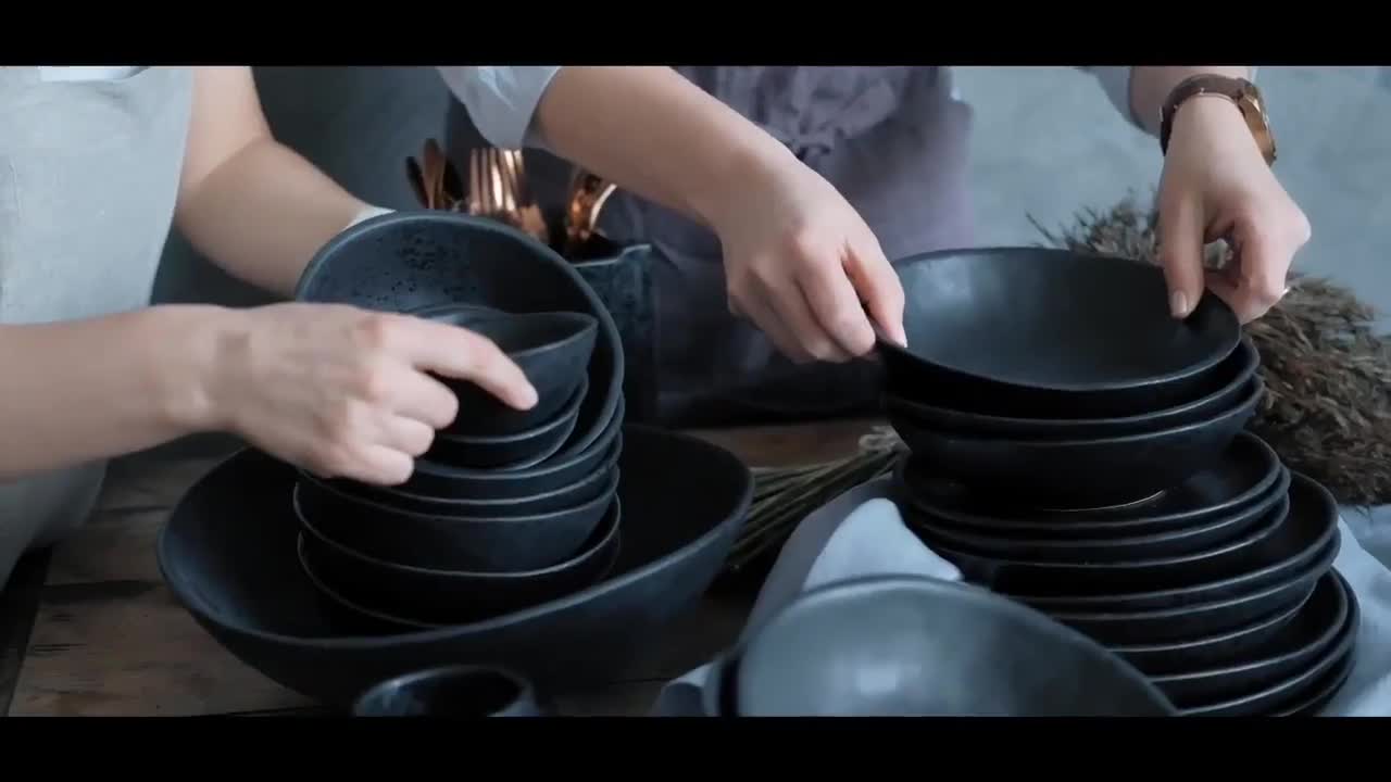 Vajilla de cerámica negra hecha a mano, Vajilla de desayuno para 1 2 4 6 8  10 12 personas, Juego de platos, Regalo de Navidad esposa novia mamá  hermana -  México