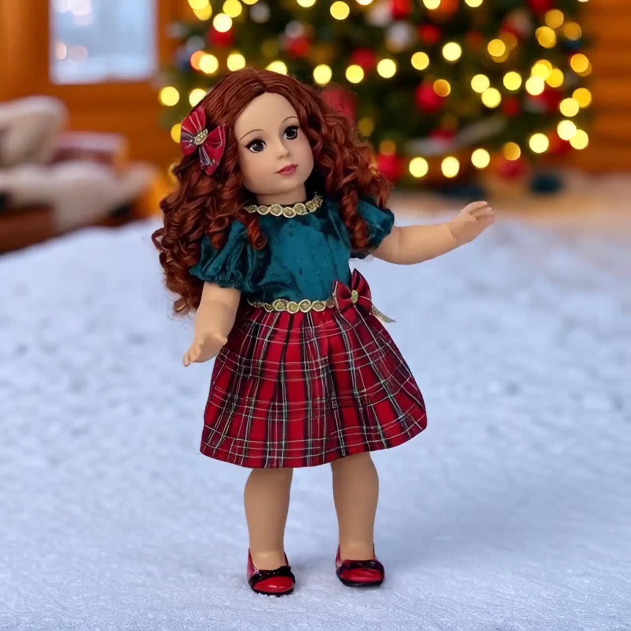 Christmas Classic - Clothes for 18 inch Doll - Green and Red Holiday Party Dress with Red Shoes and Bow