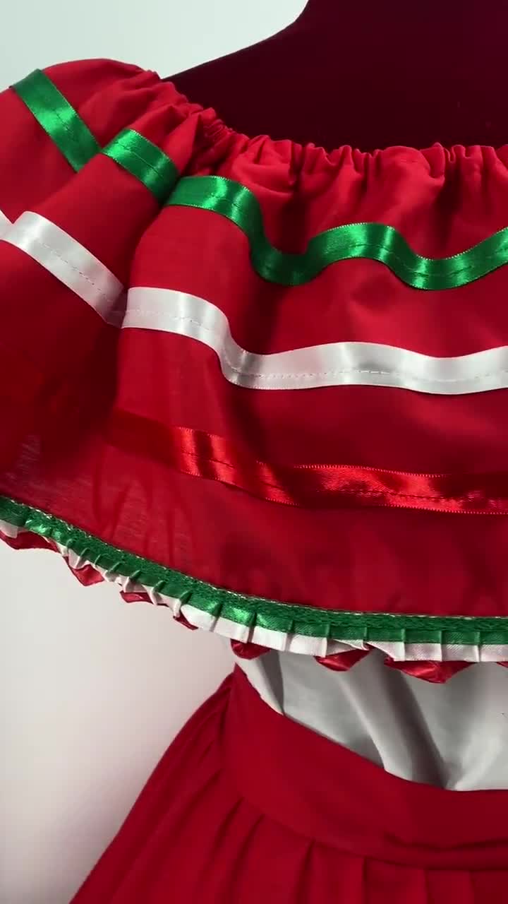 Red Handmade Mexican Dress Set  Tricolor Ribbon Skirt & Blouse Traditional