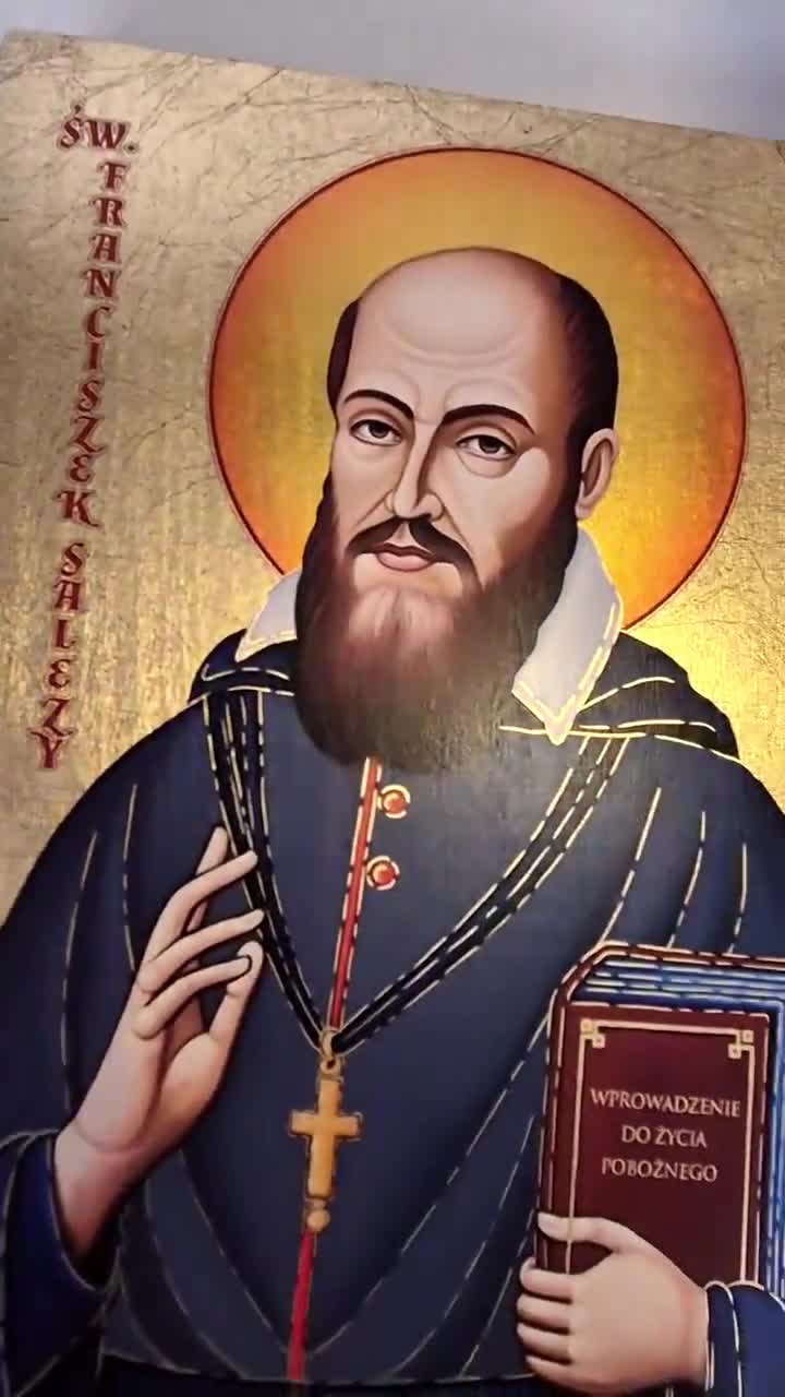 Saint FRANCIS De SALES Icon: Handmade Religious Art, Golden Leaves