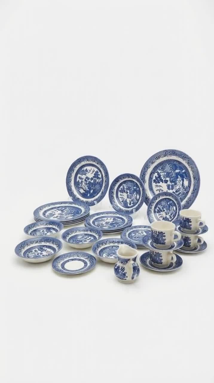 Blue Willow Churchill Dinner, Saucer, Mugs, Tea Pot, Gravy Boat