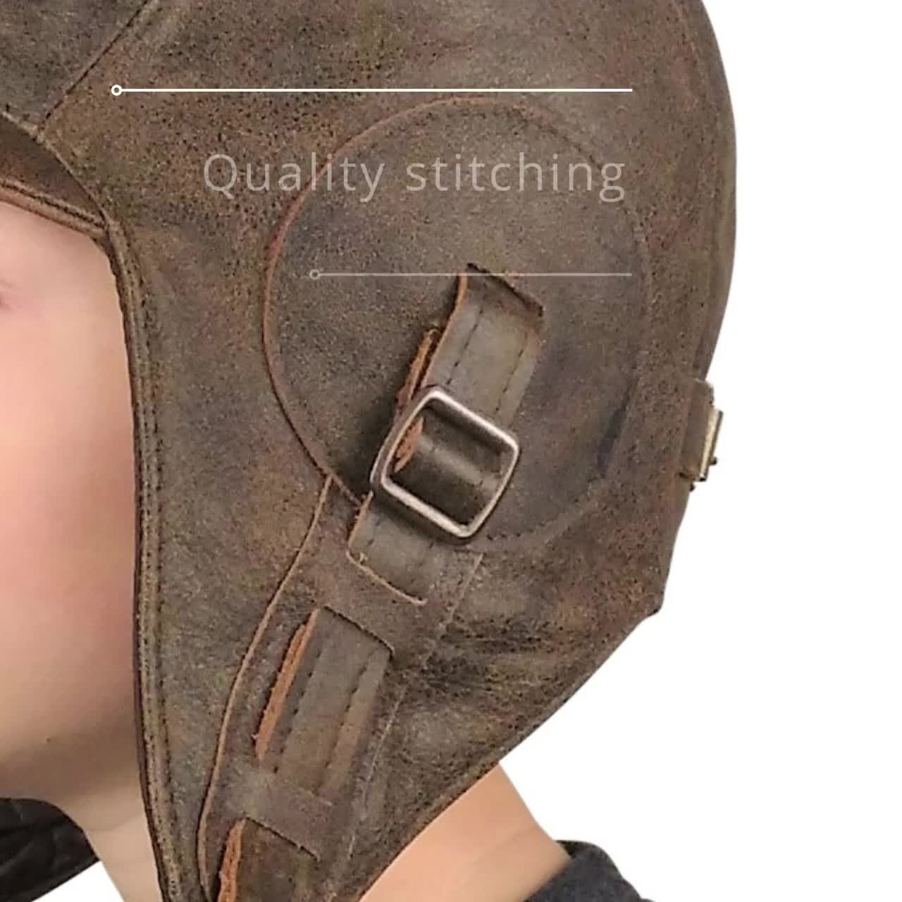 Kids Aviator Hat and Goggles, Pilot Helmet, Real Brown Leather, Steampunk  Cap for Children, for boy and girl, Simon Model, CA2