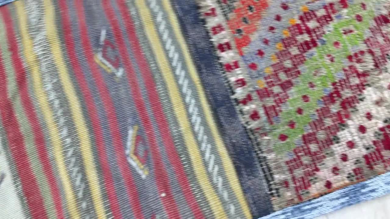 ハンドメイドウールラグ、平織りラグ、カラフルなラグ、トルコサドル