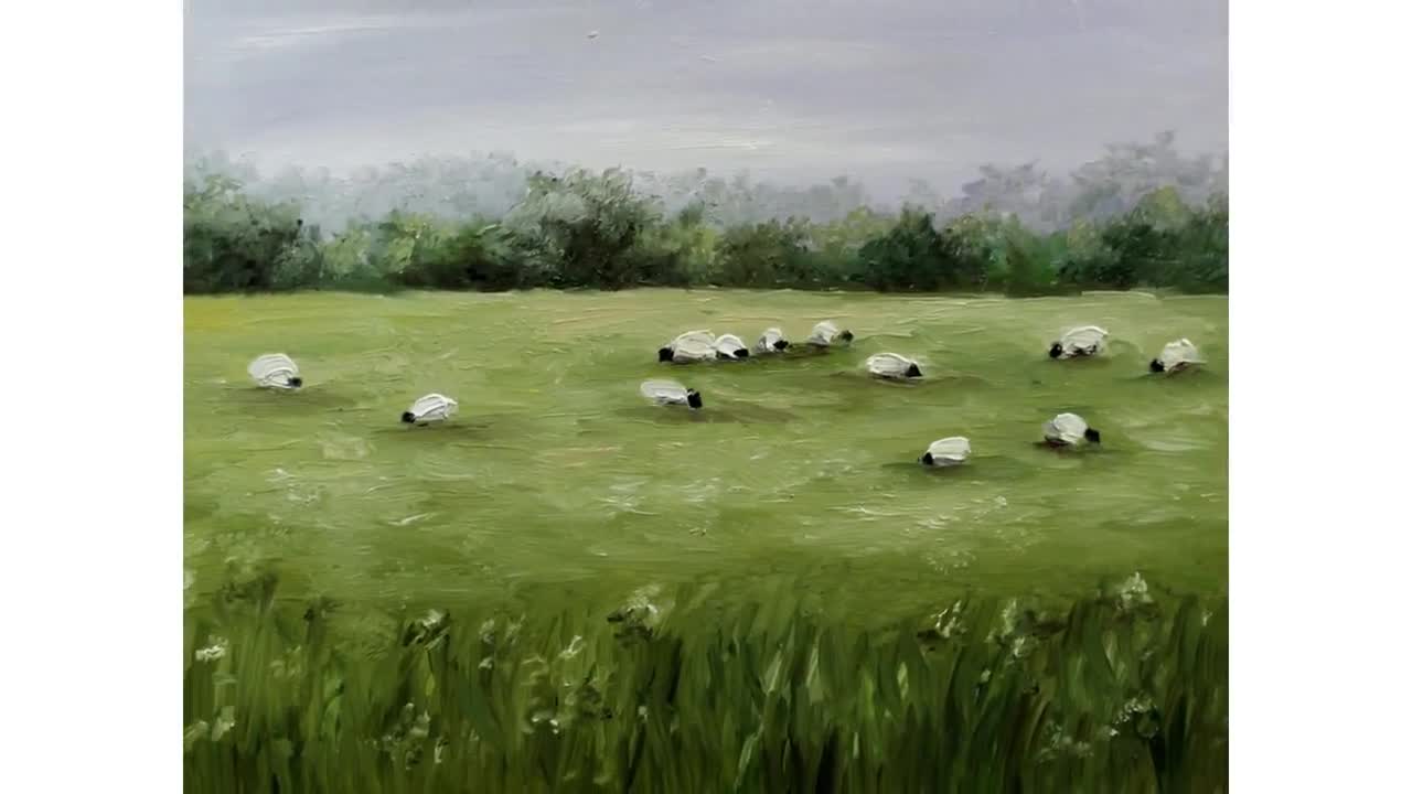 羊の牧草地プリント、素朴な農場の風景壁画、緑の牧草地の絵画プリント