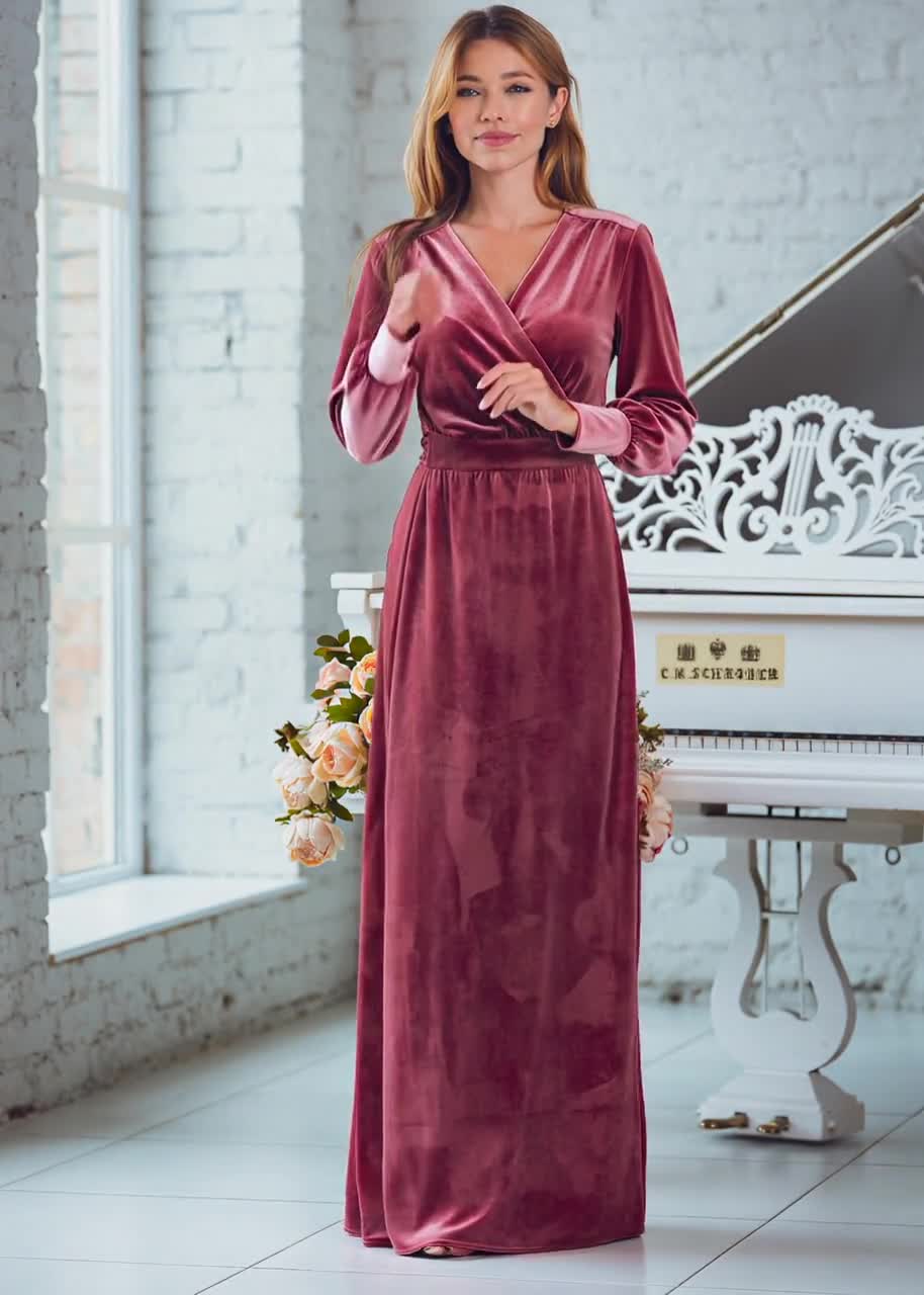 knee length dresses for ladies Dusty Rose Velvet V-Neck Bridesmaid Dress Mermaid Floor-Length main image 0