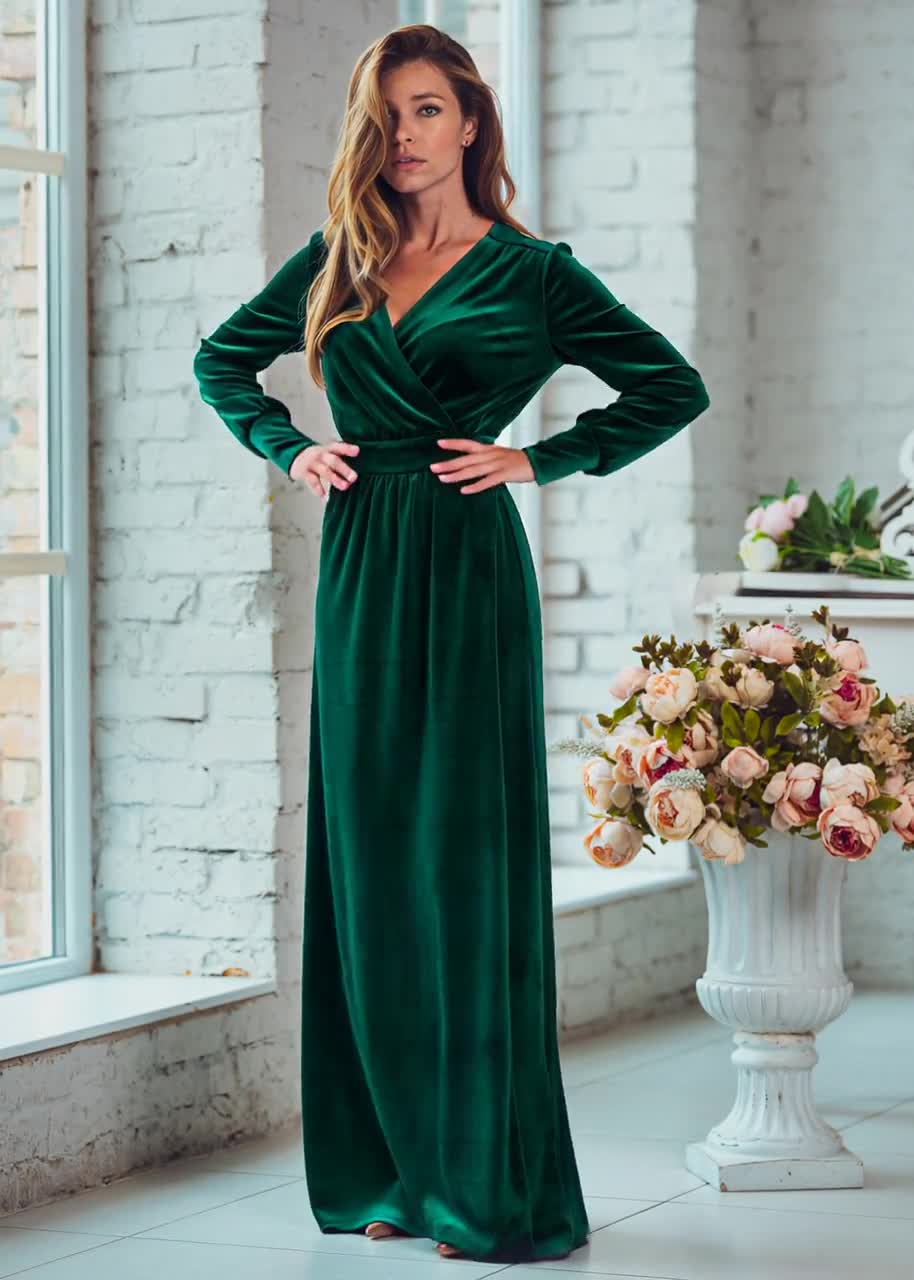 Light Christmas Dress Long Green Velvet Dress Uk Velvet Dress In Emerald  Green With Long Sleeves,