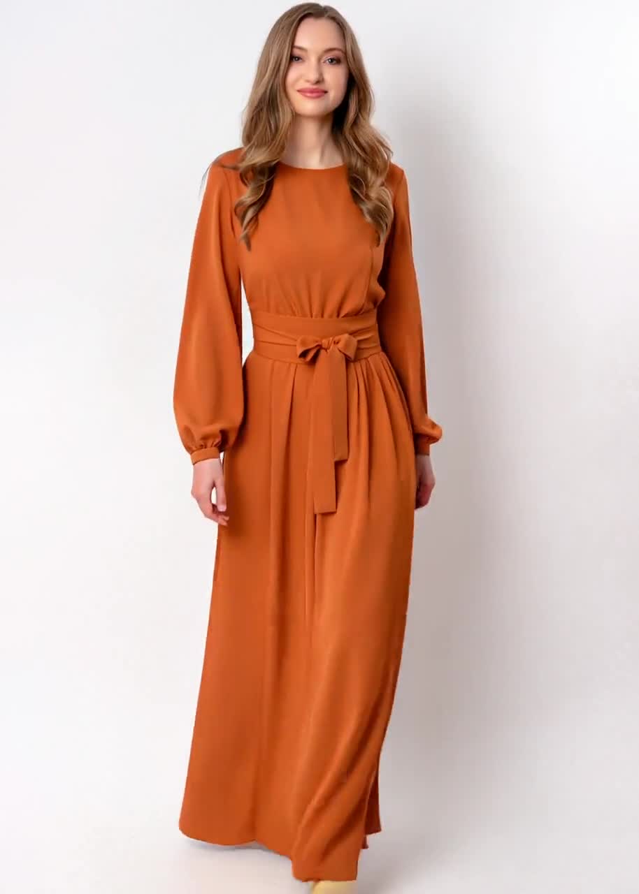 v neck long sleeves belted maxi dress in rust EMERY ROSE Women's Solid Color V-Neck Long Sleeve Casual Long Dress Maxi  Women Outfit Fall Cloth For Women