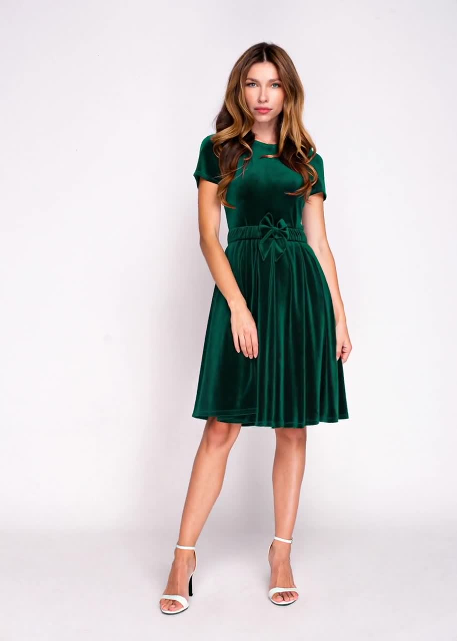 Velvet Short Dress in Emerald Green: with short sleeves and bow belt, for  Holiday Parties, Fall and Winter, Christmas