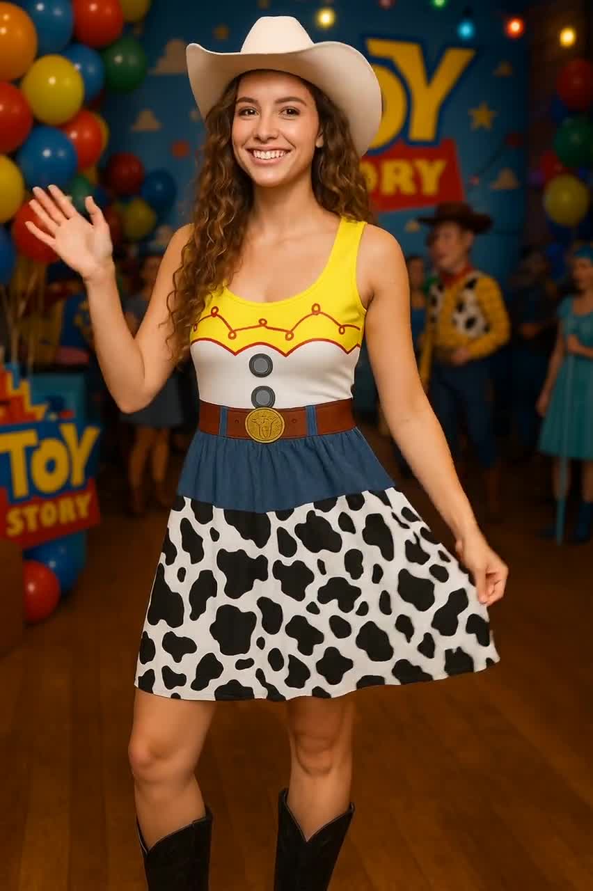 Jessie Costume Cowgirl Western Dress Toy Story Halloween Cosplay Skater or Fitted Bodycon Tank Mini Woman's Square dancing Dress Up Outfit video poster