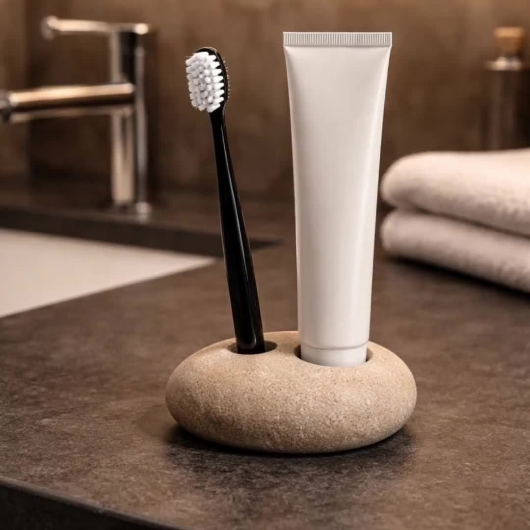 River Stone Zahnbürsten- & Zahnpastahalter | Natürlicher Kieselstein Badezimmer Organizer Minimal Eco Badezimmer Dekor video poster