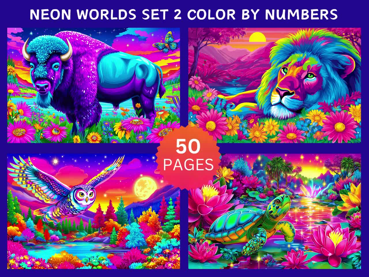 Ensemble de 50 mondes néon, 2 pages couleur par numéros, pages à colorier numériques, lot de peinture par numéros, livre de coloriage pour adultes procréer, animaux video poster