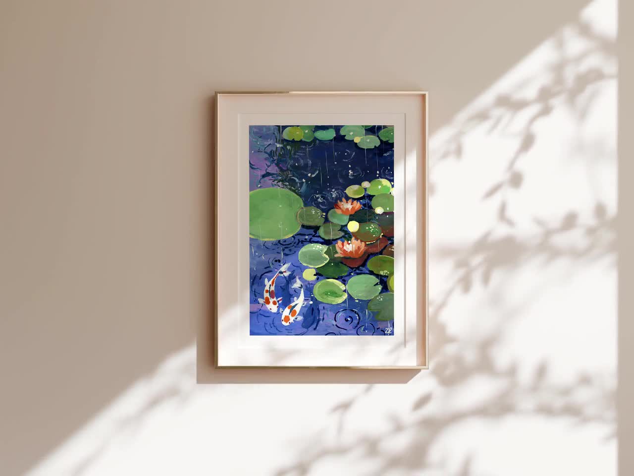 雨の中の睡蓮のアートプリント：禅の鯉の池 - 自然の壁アート - Etsy 日本