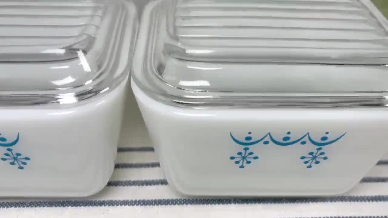 Vintage Pyrex Snowflake Blue Garland Fridgies Set | Milk Glass