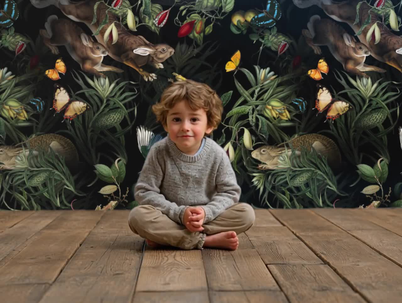 Peel and Stick Vintage Dark Botanical Wallpaper With Rabbits