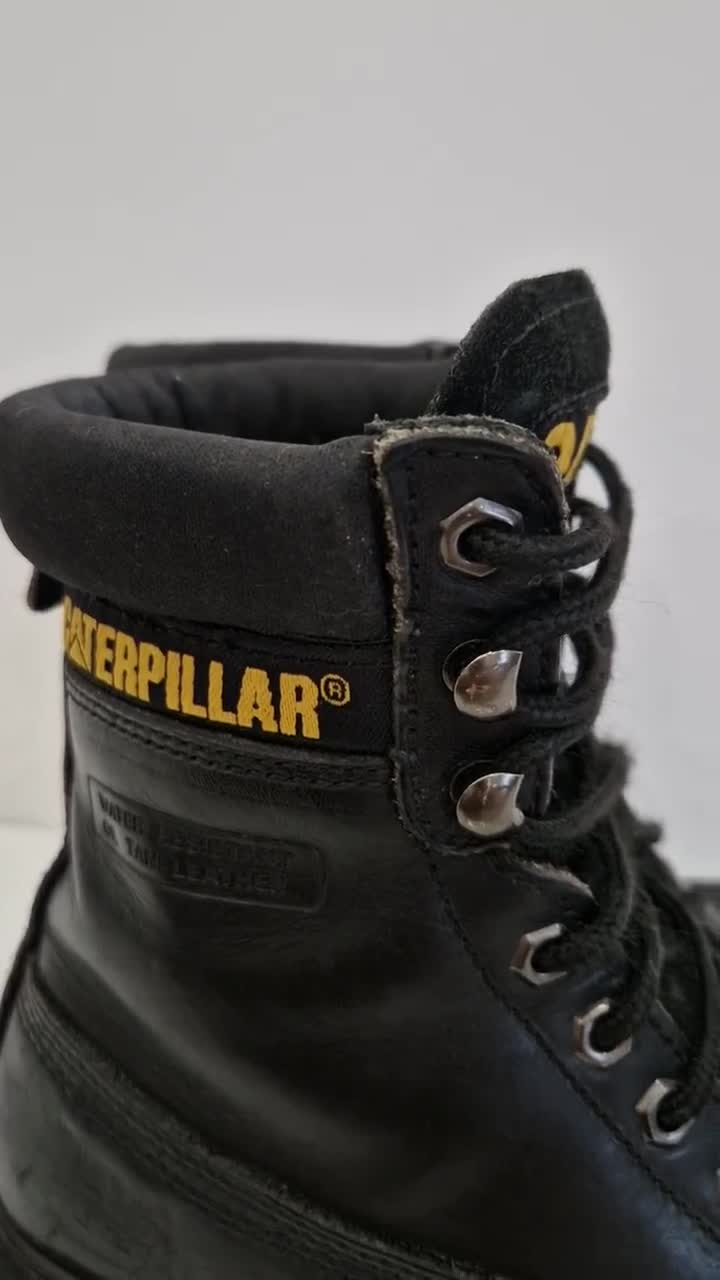 Botas de trabajo aislantes vintage CAT Caterpillar, de cuero negro, resistentes al aceite, para caminar, talla EU 36 UK 3 video poster