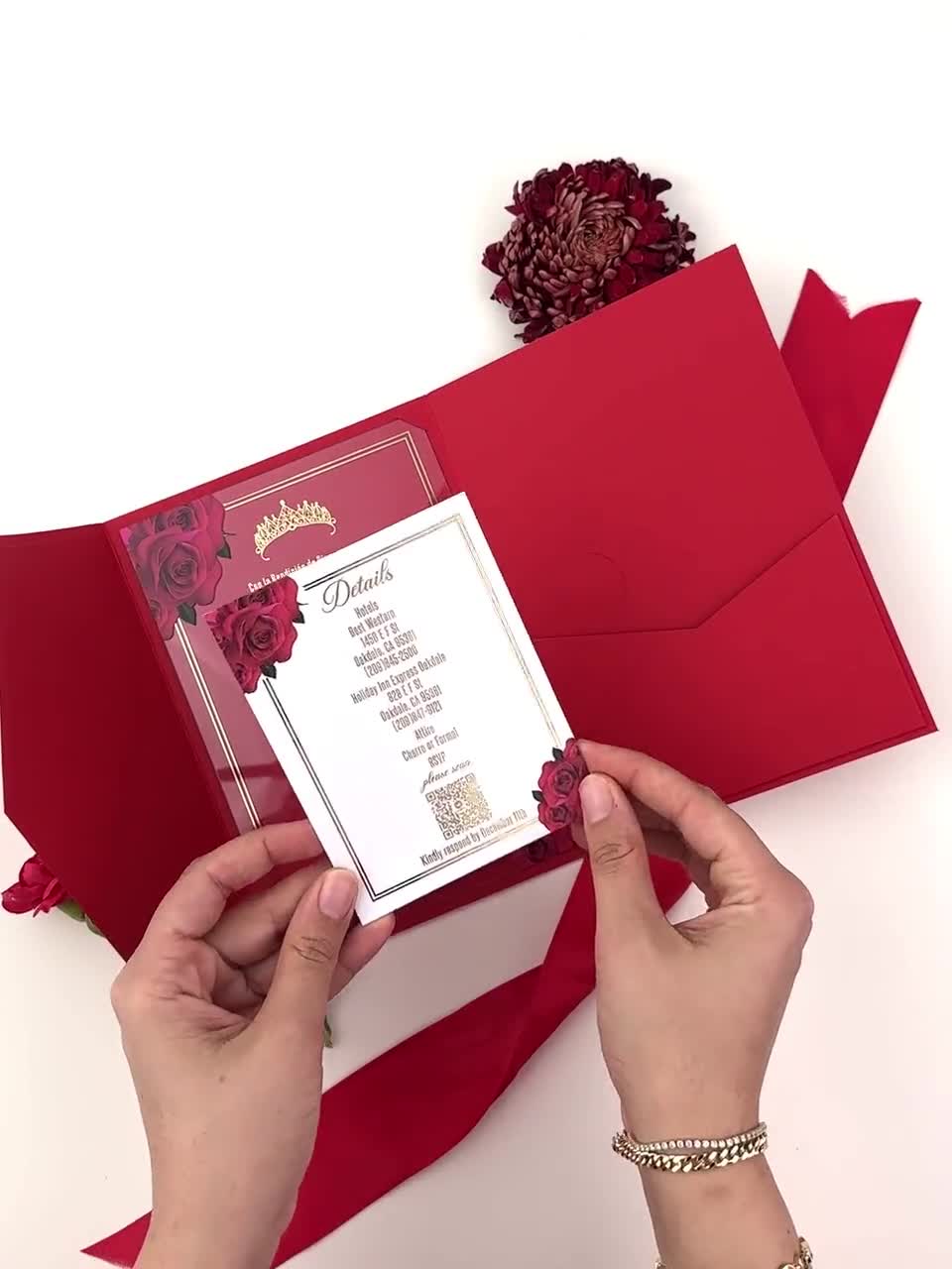 Acrylic Quinceanera Invitation | Red Rose, Tri-Fold Pocket Envelope