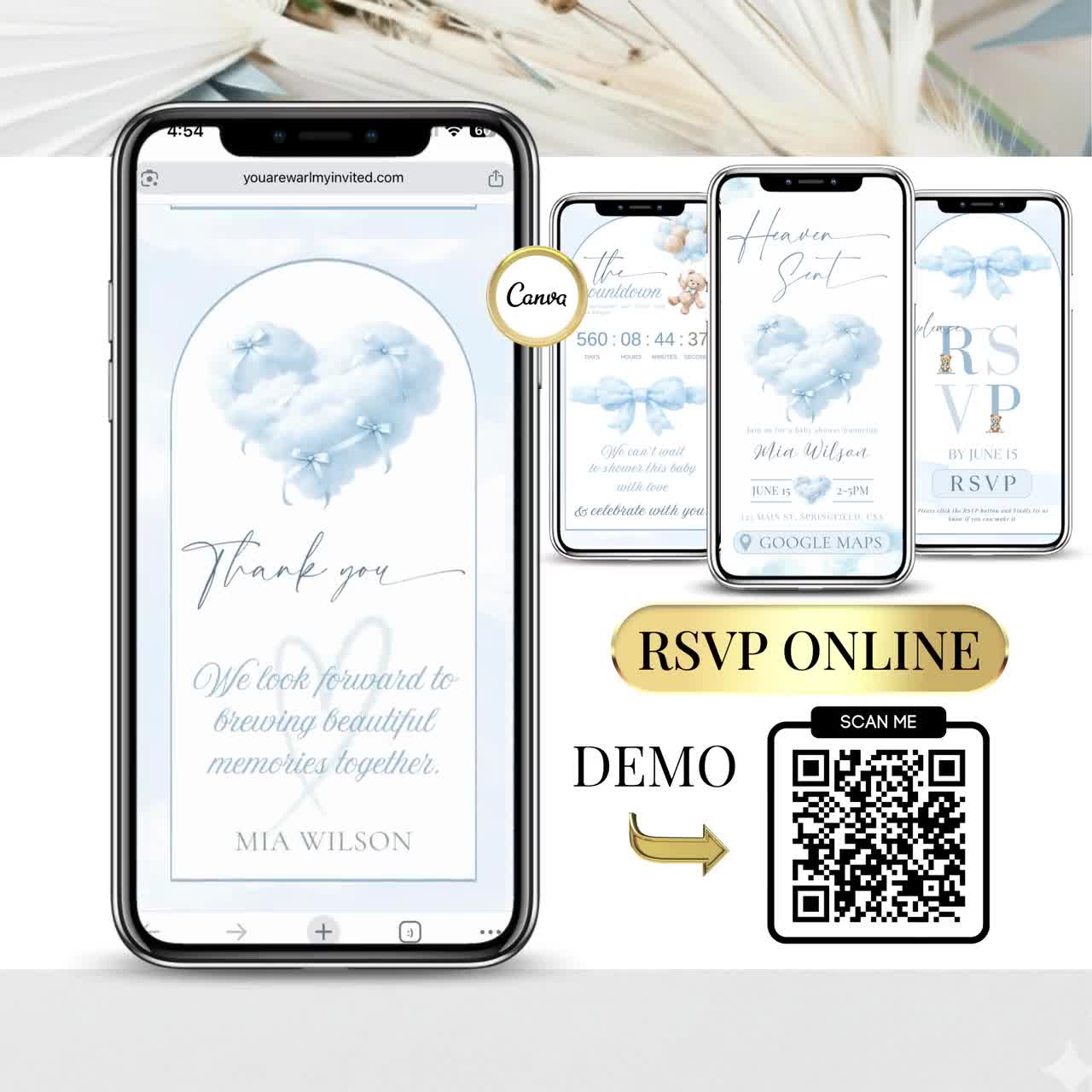 Baby Shower Digital Invitation Blue Heaven Sent – Boy Teddy Cloud Invite – Editable Canva Website + RSVP Tracker video poster