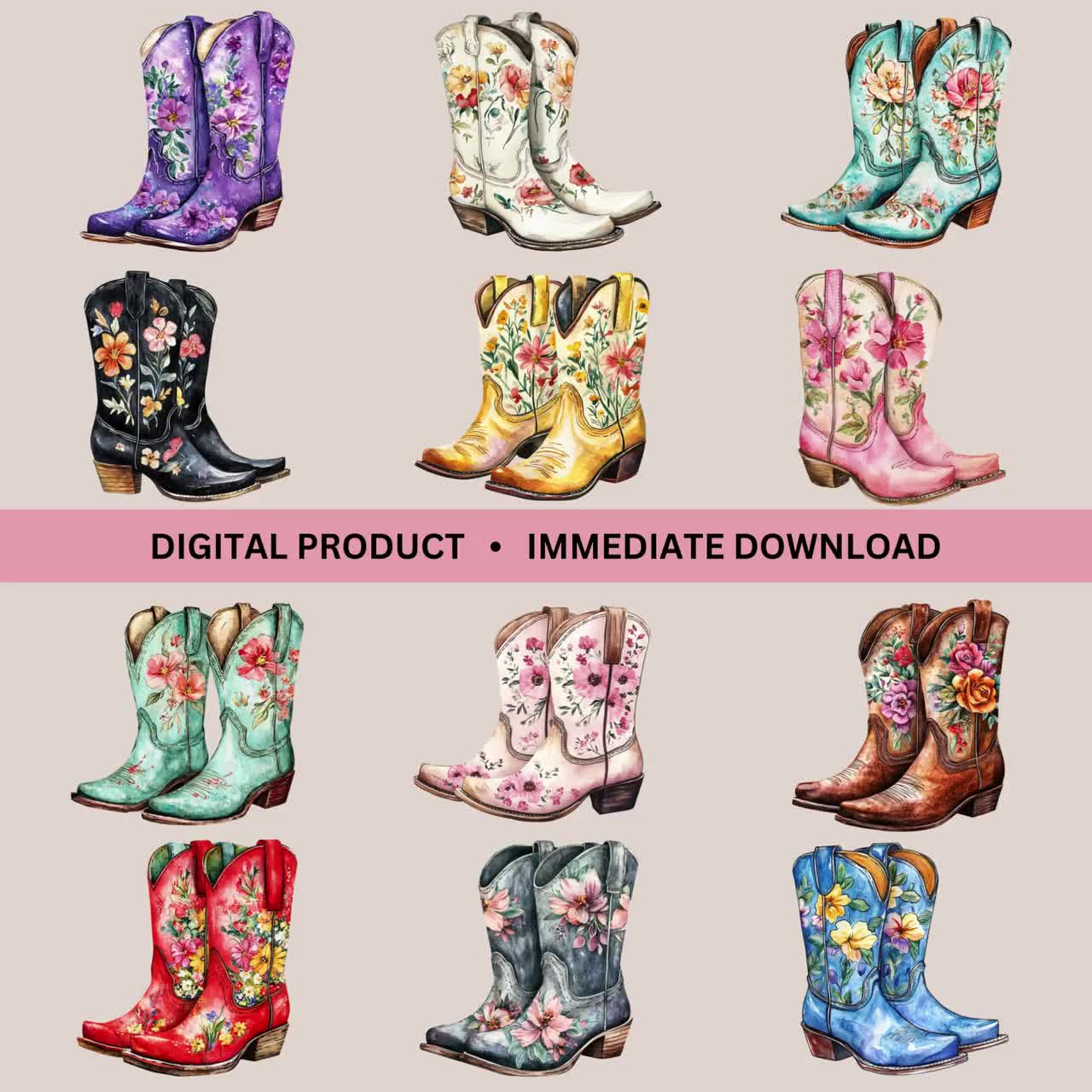 Cowgirl Boots Clipart Bundle, 12 Pastel Boot Graphics, Watercolor