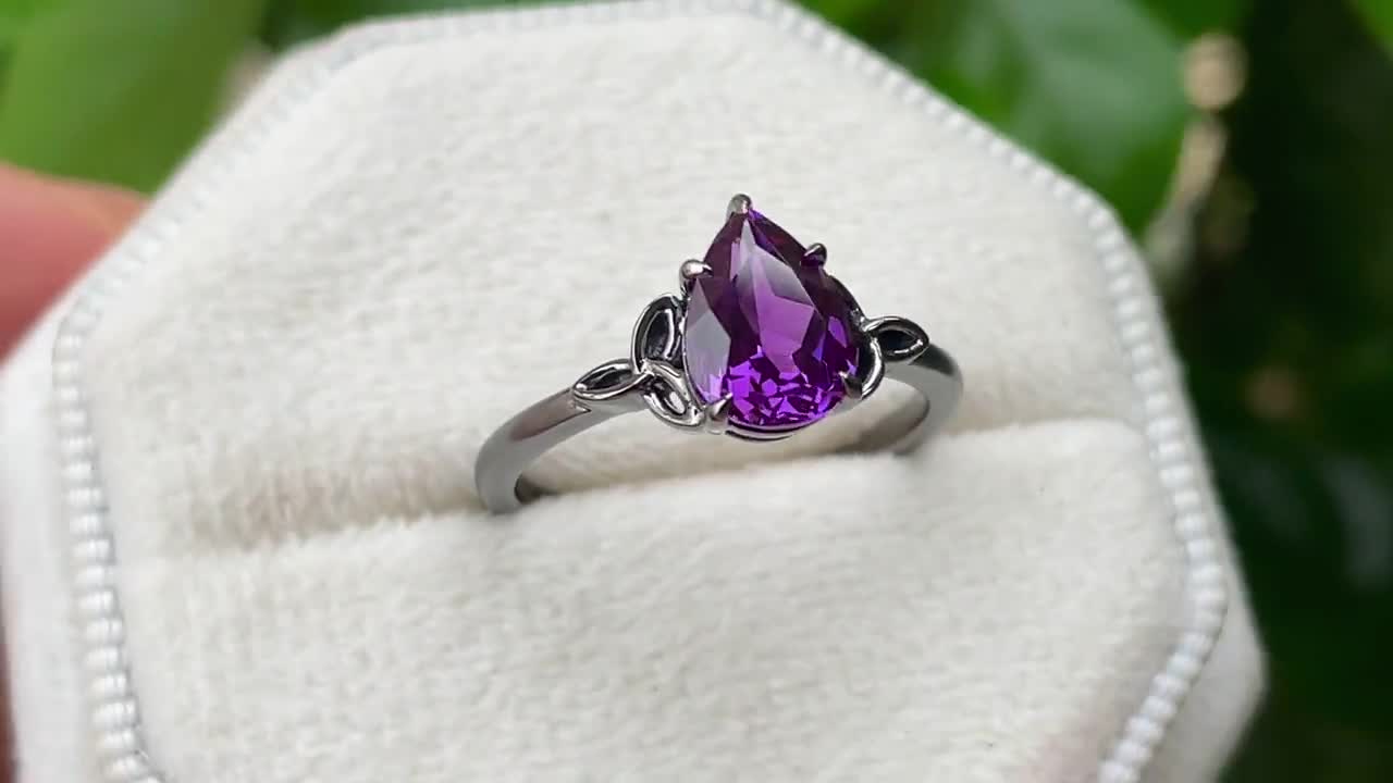 Gothic Pear Cut Purple Sapphire Engagement Ring Set Rhodium Black