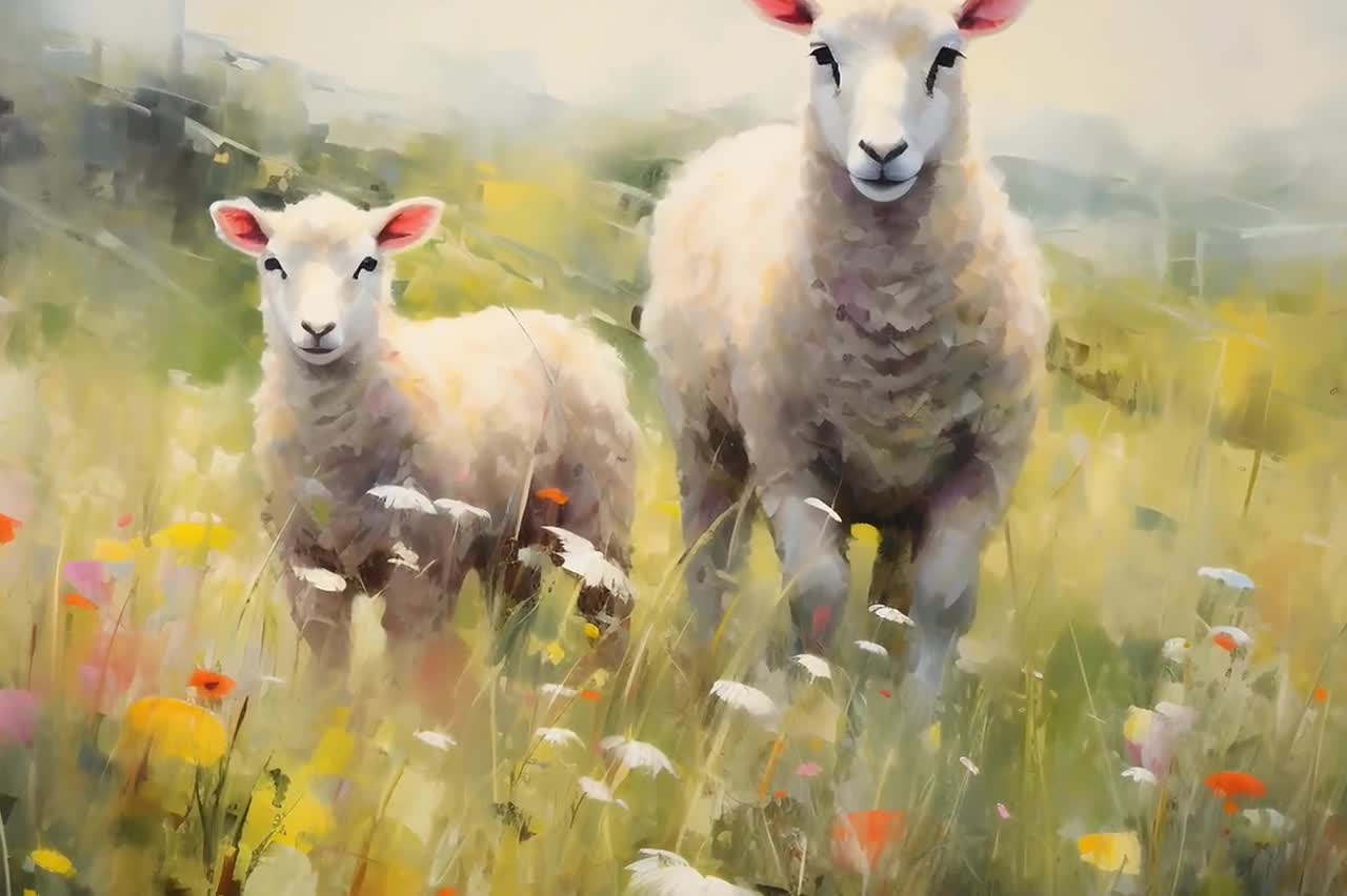 印象派の羊の絵画：素朴な農家の牧草地の風景（即時ダウンロード