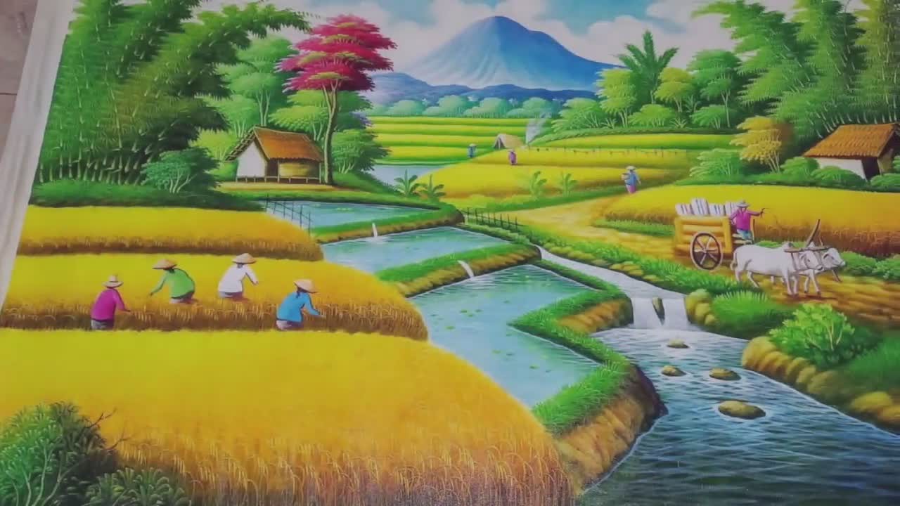 Painting of Rice Harvest Scenery With Charming Terraces - Etsy