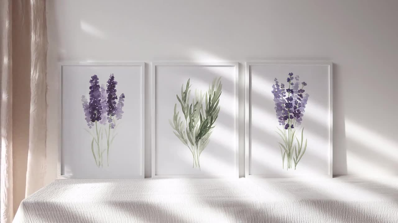 Lavender Painting set of 3, Canvas Wall Art Botanical Illustration, Green  and Purple Living Room Decor, Modern Herbs Rosemary Kitchen Print