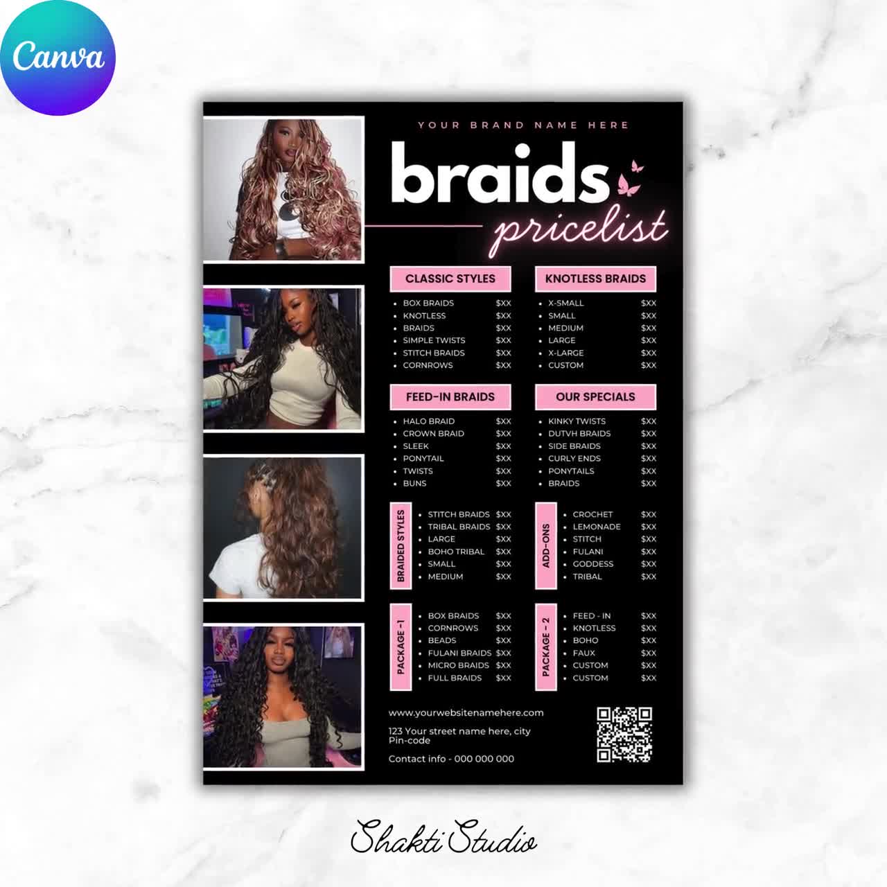 Plantilla de lista de precios negra: precios de salón de belleza, tecnología de pestañas, estilistas, trenzadoras, pelucas, uñas, maquillaje. Plantilla de Canva editable y personalizable. video poster