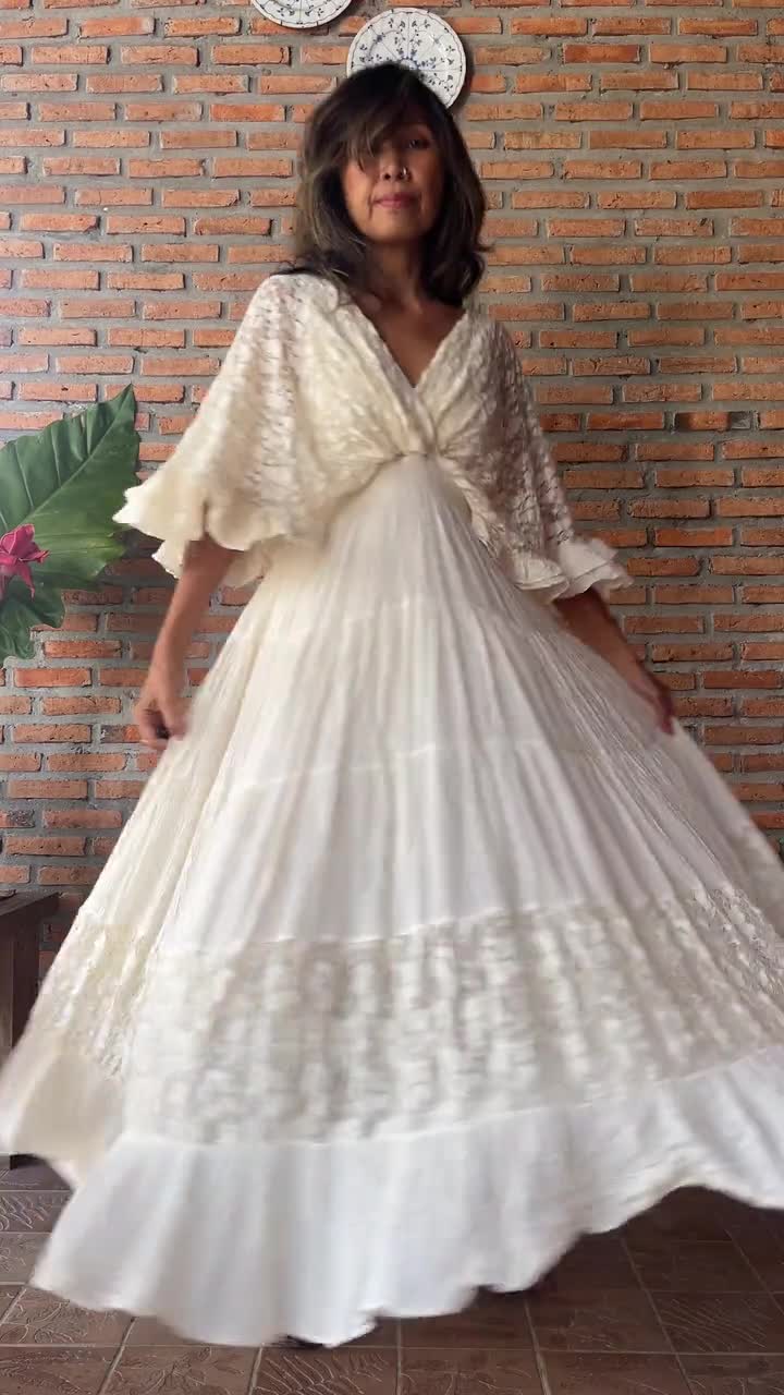 Boho Lace Trim Cotton Maxi Dress/Kaftan Cream Wedding Dress/ Boho Wedding  Dress/Ruffle Maxi Dress/Romantic Vintage Style, Flowy Long Dress.