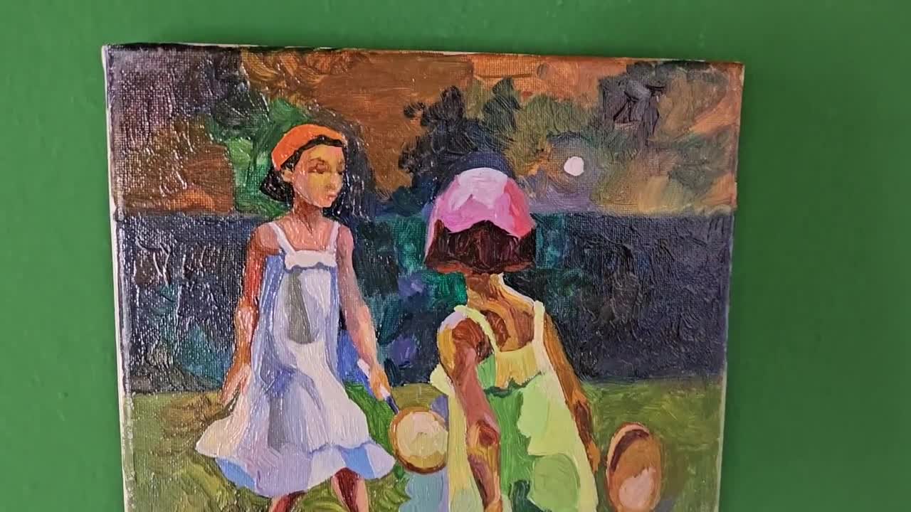 Pintura al óleo de estilo rústico: «Recuerdos de otoño» - Niñas jugando al tenis (24,1 x 18 cm) video poster