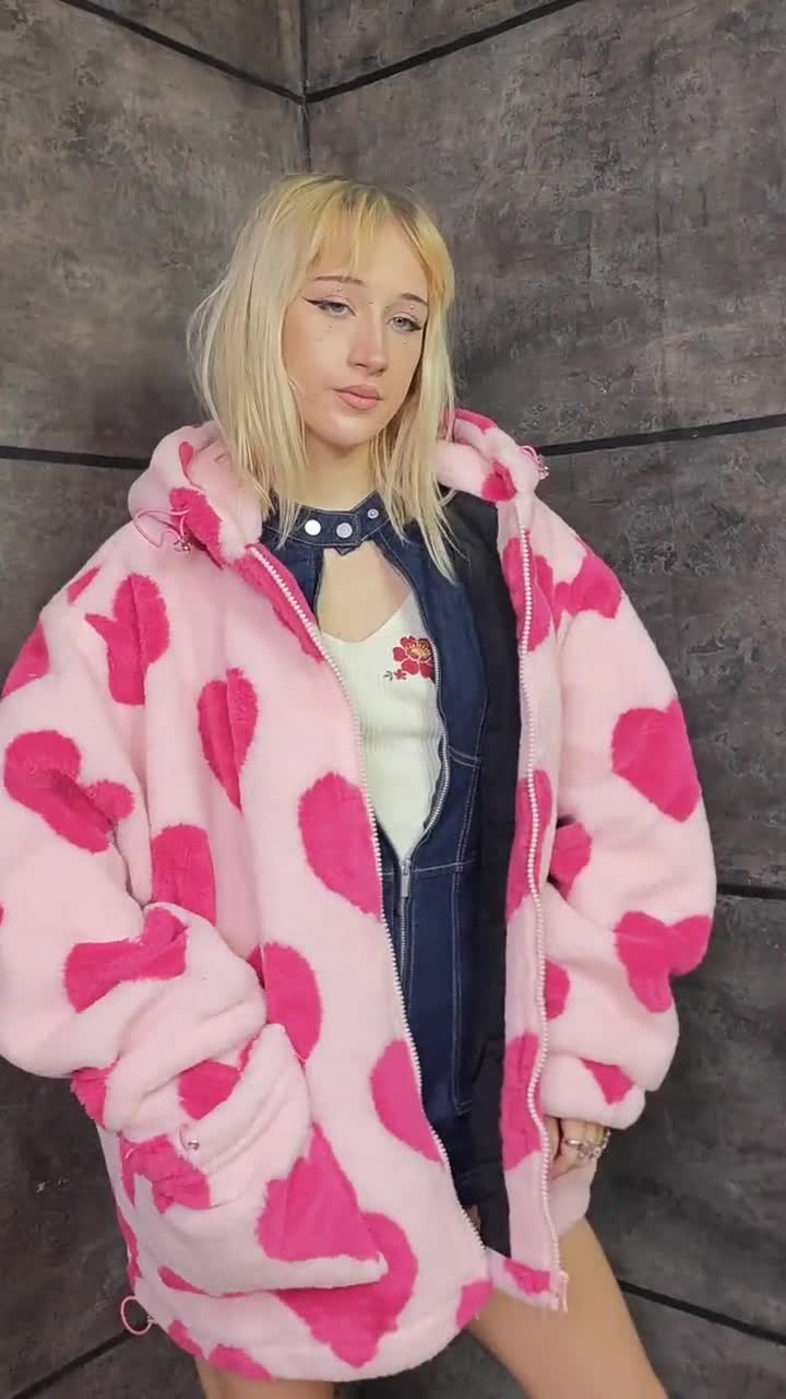 Pink Heart Fleece Jacket, Oversized Womens Hoodie, Harajuku