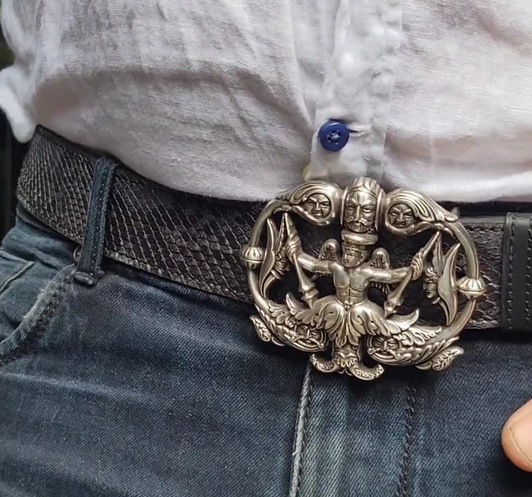 Black Python Skin Belt with Italian Sterling Silver Plated Mythological Buckle | Customizable Length Statement Accessory video poster