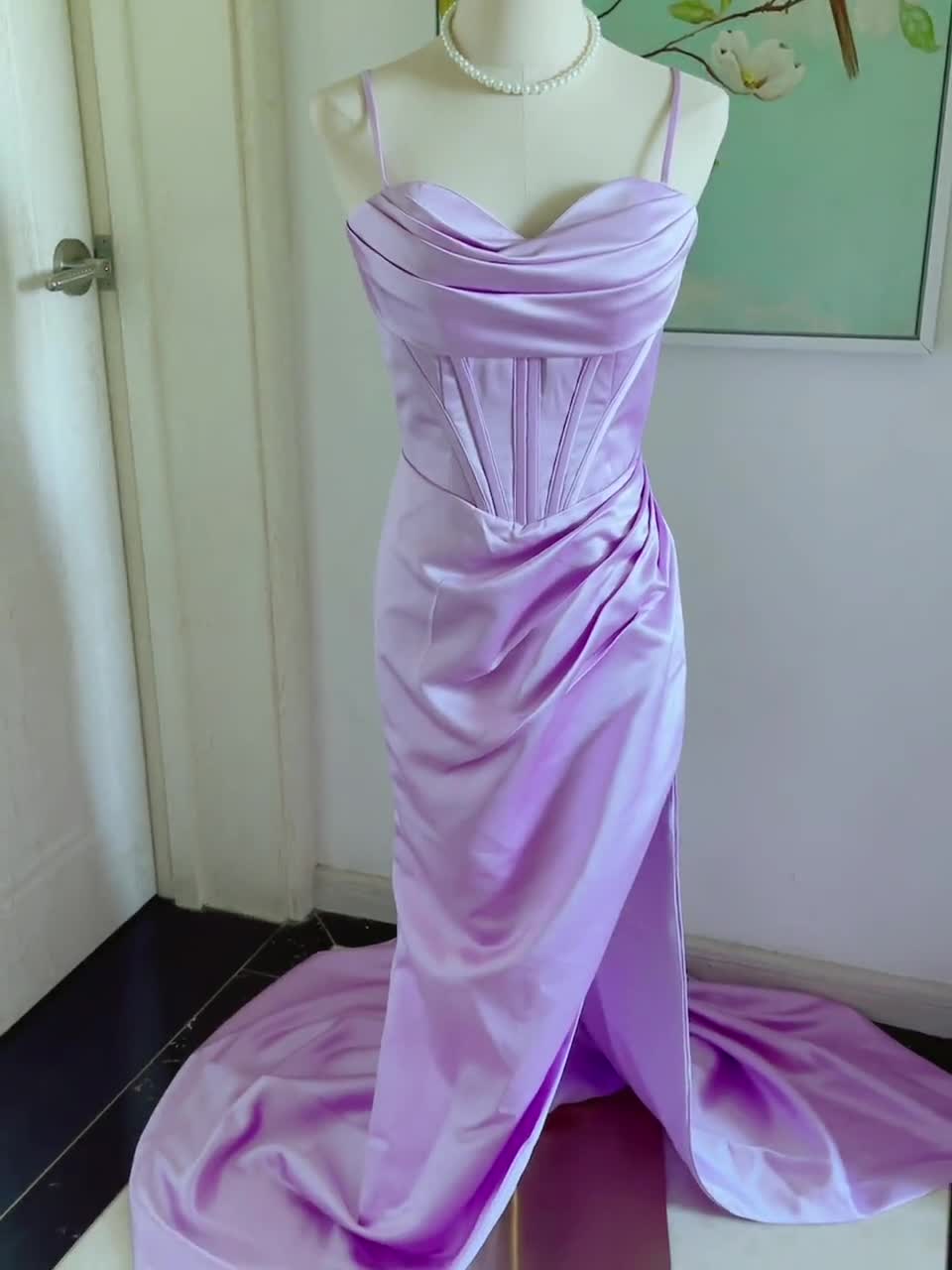 Lilac Satin Prom Dress: Slit Formal Evening Gown