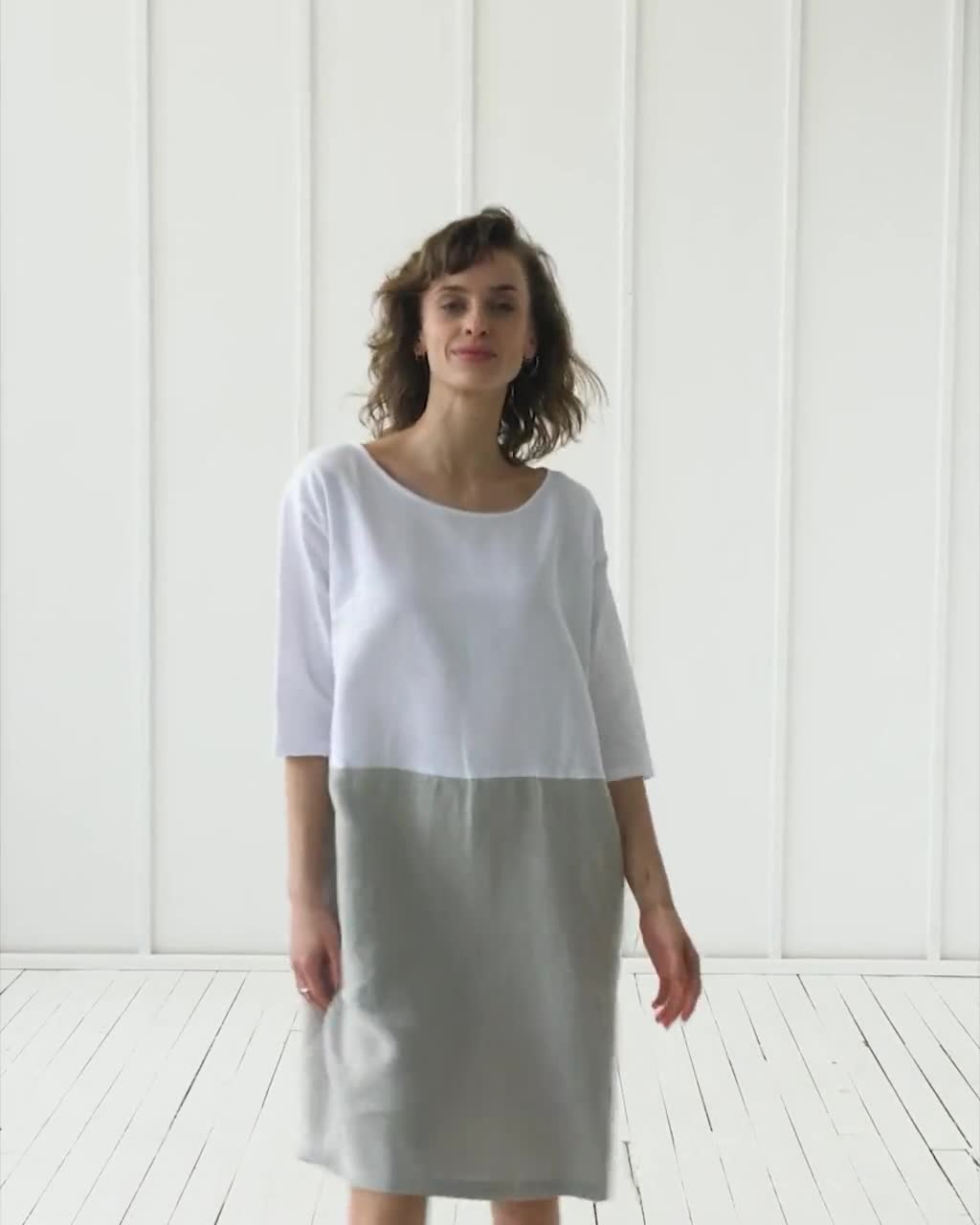 Adria Linen Dress White-Natural Colour Block