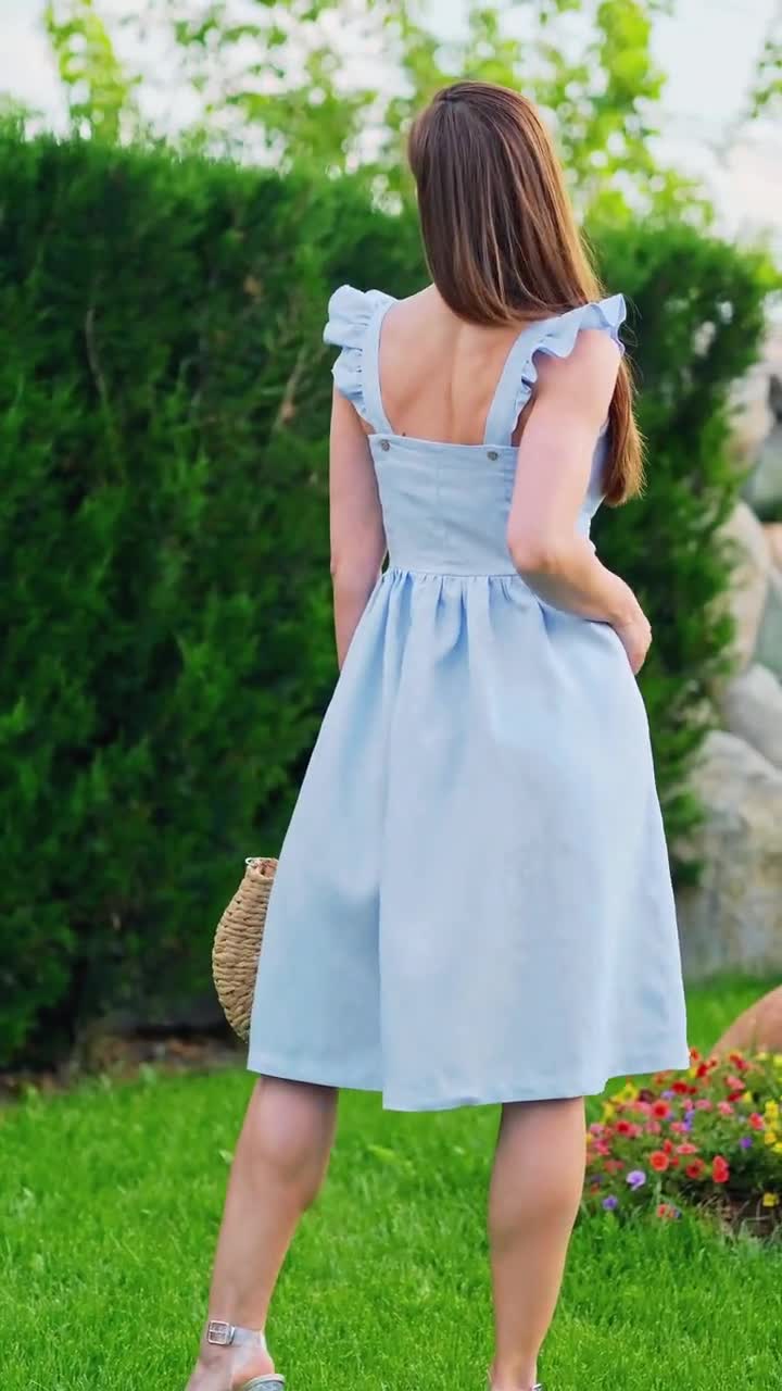 Linen Midi Dress: Ruffle Strap Corset, Coconut Buttons